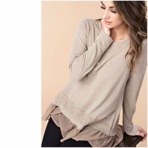 alexandria // ruffle hem lace taupe oversized top